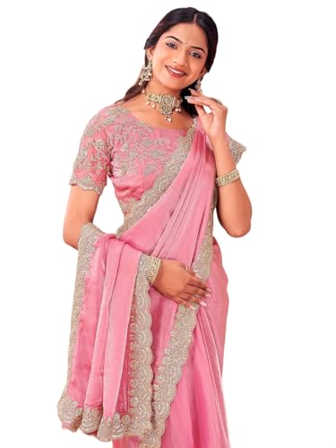 Image of SIRIL Women's Tissue Silk Sequins Embroidery Saree with Unstitched Blouse Piece