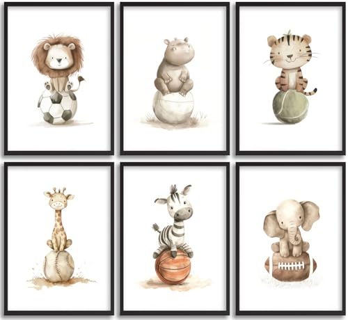 Image of Baby Boy Animals Nursery Wall Art Sport Theme Nursery Painting Picture Wall Decor Cute Lion Hippo Tiger Giraffe Zebra Elephant Sports Poster Print Artwork for Children Room Home Decoration