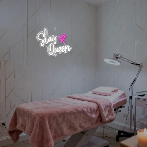 Image of Slay Queen Neon Sign White Pink LED Neon Light Up Signs for Wall Decor Usb Neon Light for Bedroom Preppy Girl Aesthetic Room Dorm Decor Y2k Party Gifts