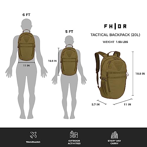 Fhior Tactical Backpack 20L - Edc Water Resistant Military Daypack, Rucking Assault Pack For Travel, Rucking, Outdoors, Coyote Tan #TOP2