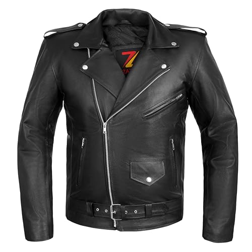 Image of Motorcycle Leather Jacket With Belt Motorbike Biker Classic Rider Rocker Made of Black Genuine Cowhide Leather