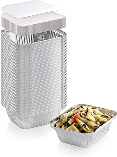 Zuvo Reusable Lebensmittelbehälter aus Aluminiumfolie, Einwegbehälter mit Deckel, Größe 2A, 14 x 12 x 5 cm, 50 Stück, Metall, farblos Cover