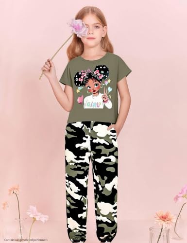 Image of mksodop Girls Outfit Set Graphic T Shirt and Camo Jogger Pants Cute Casual Clothes for Girls 5-16 Years