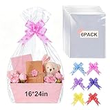 AMFUN 6 Stück 40x60cm Große Geschenkfolie Transparent Cellophantüten, Durchsichtiges Geschenkpapier Cellophantüten Mit 6 Zugschleifen, Zellophantüten für Hochzeit,Geschenke Körbe,Blumen,Kunsthandwerk