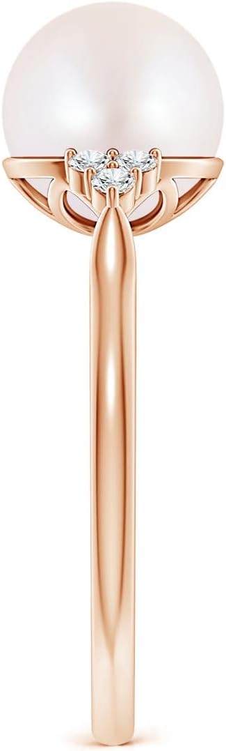 Angara Akoya Pearl Solitaire Ring for Women | Japanese Akoya Pearl Ring with Trio Diamonds in 14K Solid Gold/Platinum | June Birthday, Anniversary, Gemstone Jewellery Gift