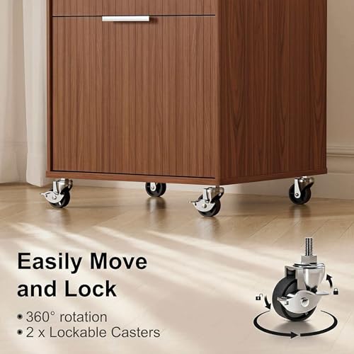 Image of 3 Drawers Fluted Mobile File Cabinet with Lock, Rolling File Cabinet Printer Stand Table, Under Desk Wooden Filing Cabinets for Home Office Essentials Storage Organization Furniture Letters /A4(Walnut)