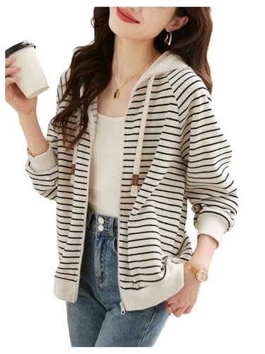 SHENHE Women's Striped Jacket Full Zip Up Long Sleeve Trendy Fashion Fall Hooded Jacket Apricot X-Large