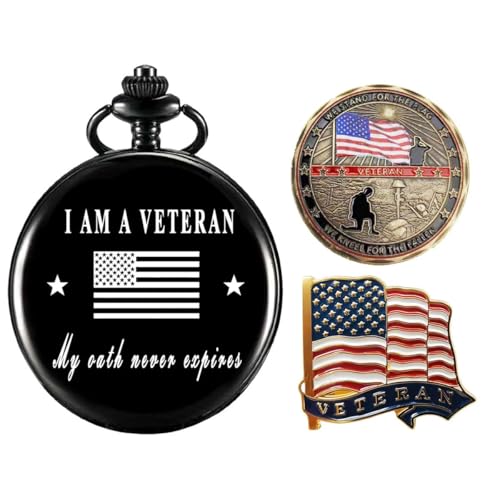 Montre de poche pour vétérans avec médaille militaire et challenge coin