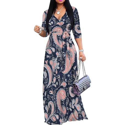 Image of PinkPatty Plus Size Maxi Dress for Women Casual V Neck 3 /4 Sleeve Boho Printed Long Dress with Pockets