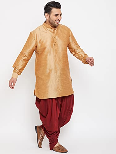 Image of VASTRAMAY Men's Silk Blend Solid Plus Kurta And Dhoti Set - Classic Ethnic Attire for Cultural Celebrations | Curved Hem Kurta With Contrast Cowl Dhoti Set