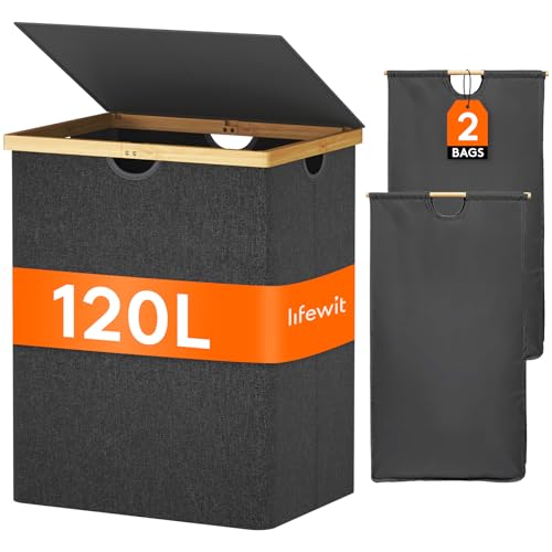 Lifewit 120L Double Laundry Hamper with Lid, Extra Large Bamboo Laundry Basket Dirty Clothes Hamper, 2 Section Laundry Bin Organizer for Laundry Room Bedroom with 2 Removable Liners & Bags, Dark Gray