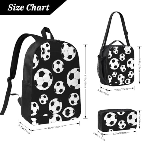 Soccer Black print Shoulder Bookbags Lunch Bag and Pen Case 17 inches Backpack with Lunch Box, Cute Bookbag Set4