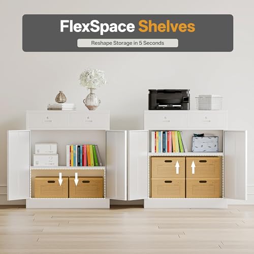 Image of Metal Storage Cabinet, 36 Inch Tall Locking Cabinet with 2 Doors and 2 Drawers, Metal Cabinets with Adjustable Shelf, Garage Cabinets for Kitchen,Garage,Warehouse, White