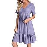 Abito estivo da donna, casual, con scollo a V, a maniche corte, estivo, lunghezza al ginocchio, abito da spiaggia con volant, linea A, abito boho, spiaggia, vacanze, abito da donna, Lilla, XL