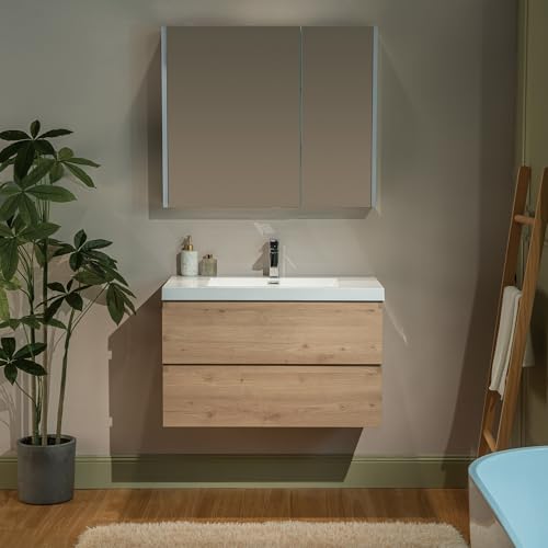 WOODBRIDGE 35-3/8 in. W x 19-5/8 in. D Wall Mounted Floating Vanity in Natural Oak with Resin Composite Vanity Top in Glossy White