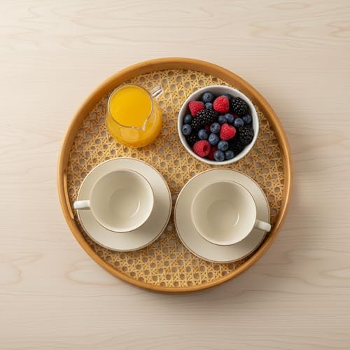 Image of Curated Cart Bamboo Serving Tray with Cut-Out Handles - Rattan Cane Woven Base - Eco-Friendly Rustic Tray for Coffee Table, Breakfast, Kitchen, Bathroom Decor - Lightweight, Durable - Round - 25cm