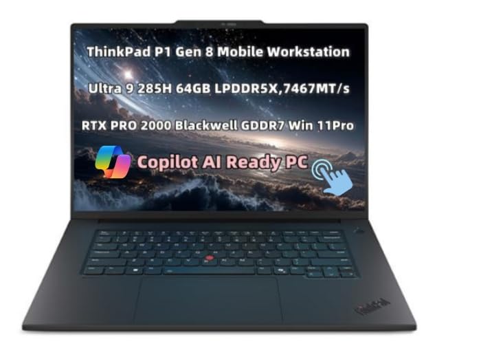 Image of New ThinkPad P1 Gen 8 Mobile Workstation AI Laptop 16 inch 3.2K (3200 x 2000) OLED TouchScreen Ultra 9 285H 64GB RAM 2TB SSD Gen5 RTX PRO 2000 Blackwell GDDR7 Graphic Webcam Backlit Fingerprint Win 11 Pro