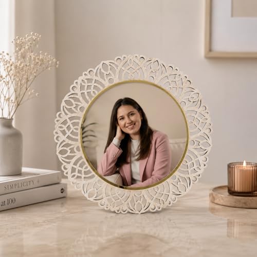 Image of Round Photo Frame | Wooden Decorative Picture Frame with Lace Laser Cut Border & Clear Acrylic Front | Wall & Tabletop Display | Premium Home Decor & Gift (21X21 Cms)