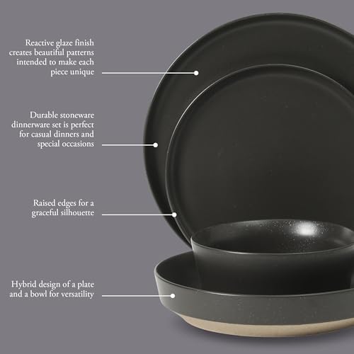 Image of Gibson Elite Overbrook 16-Piece Pottery Clay Stoneware Dinnerware Set - Black Reactive Glaze, Stackable Plates and Bowls W /Pasta Bowl, Service for 4 - Microwave & Dishwasher Safe