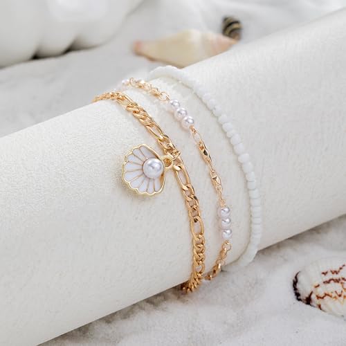 Image of Qceasiy Bead Ankle Bracelets Set For Women, Adjustable Gold Plated Boho Shell Anklet, Hawaiian Beach Seashell Pearl Disc Starfish Conch Foot Jewelry, Summer Fashion Gifts