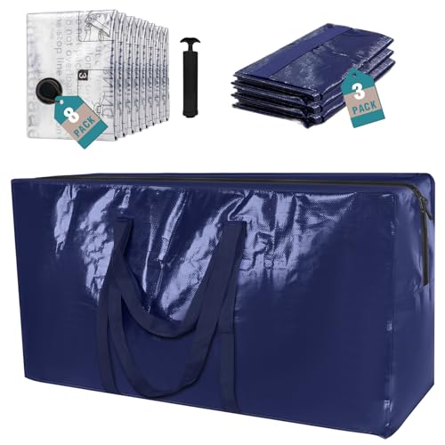 11 Piece Moving Bag Set, 3 Blue Heavy Duty Moving Storage Bags, Bonus 8 Vacuum Storage Bag, Waterproof Sturdy Tote Bags, College Packing Bags, Foldable Clothing and Bedding Storage Bags(42×14×23 in)