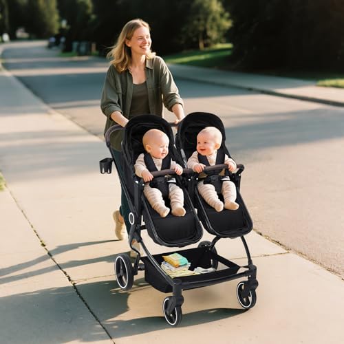 Image of Double Stroller for Twins, One-Click Quick Fold Lightweight Newborn and Toddler Stroller with 5-Point Safety Harness, Adjustable Seat & Reversible Seat Modes for Infant Toddler