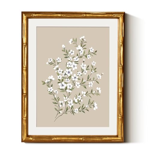 Framed White Flower Canvas Print Wall Art, Minimalist Botanical Beige