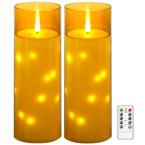 Image of kakoya 11 inch x 4 inch Large Outdoor Waterproof Flameless LED Candles with Remote and Timer,Acrylic Pillar Candles Battery Operated with Embedded Star String for Porch,Patio,Outdoor Decor,Set of 2(Gold)