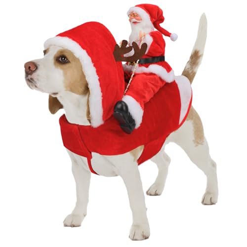 Mfsdai Dog Christmas Outfit, Dog Costume with Santa Rides Pets Reindeer, Dog Hoodie Chihuahua Clothes Red for Small Medium Large Dog L