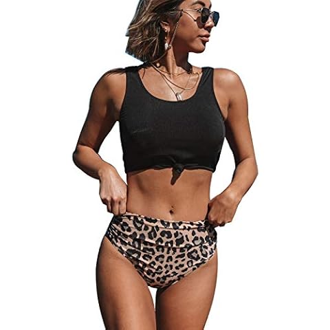 Beachsissi Women High Waist Leopard Print Bikini Set Knot Frot Ruched Ribbed Swimwear, M Black Cover