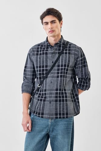 Image of SNITCH Men Casual Shirt | Regular Fit Full Sleeve Mandarin Collar Check Pattern | Cotton Linen Blend & Breathable Fabric for Office & Everyday Wear