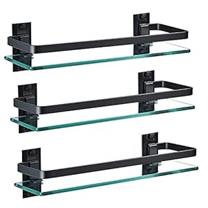 AIJALY 3 Pack Bathroom Glass Shelf,Aluminum Tempered Glass 0.34in Extra Thick Rectangular 1 Tier Storage Organizer Wall Mount,Black 15.7in