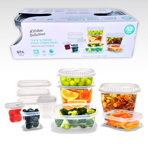Kitchen Solutions - Paquete de 12 recipientes de alimentos frescos Click & Fresh, recipientes reutilizables sin BPA, aptos para microondas, lavavajillas y congelador, cajas de almacenamiento de