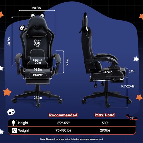 Dowinx Gaming Chair Cute with Cat Ears and Massage Lumbar Support, Ergonomic Computer Chair for Girl with Footrest and Headrest, Comfortable Reclining Game Chair 290lbs for Adult, Teen, White