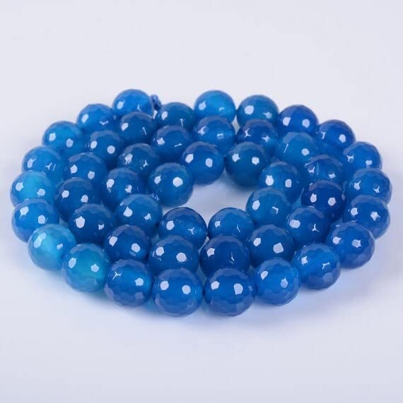 Perle agate bleue facettée 8mm : fil de gemmes rondes pour création de bracelet DIY
