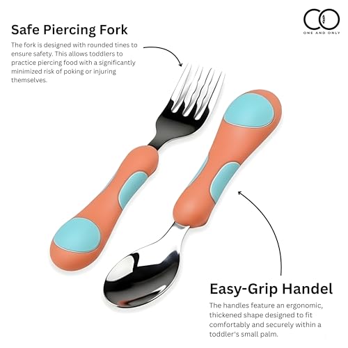 Image of Baby Spoon and Fork Set, Orange Stainless Steel Toddler Cutlery Set with Easy Grip, 2 Pc, Self Feeding Utensils for Baby Meals School and Travel, Mealtime Essential