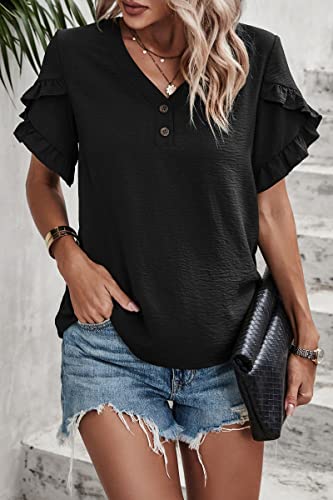 Ecoiwsh Womens Summer Tops Dressy Casual Ruffle Short Sleeve Tunics Shirts Blouses Spring Tops For Women Black L #TOP2