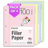 Kaisa Filler Paper Colored loose Leaf Paper, Wide Ruled 8x10.5in Colored Paper, 3-Hole Punched for 3-Ring Binders,100Sheets/pack 4Packs, FC10001W
