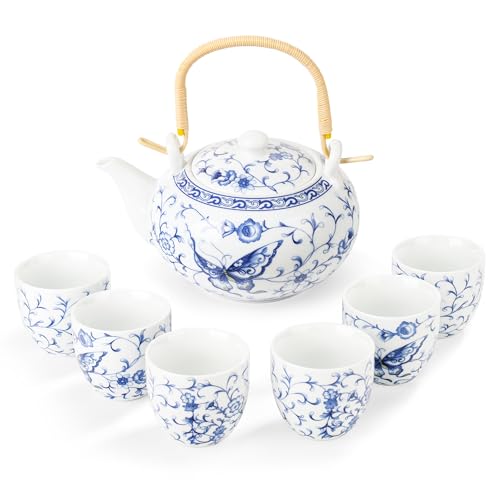 fanquare Service à Thé Bleu et Blanc Théière à Fleurs et Papillons avec Infuseur Service de Théières Chinoises pour Adultes Cadeaux, Une Théière avec 6 Tasses