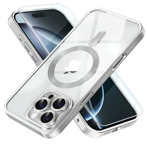 Image of Misea Magnetic for iPhone 16 Pro Case Compatible with MagSafe | Never Yellowing, Military Drop Protection, Full Camera Lens Protector Plating Soft Clear Phone Case Women, Titanium Silver