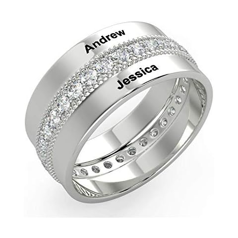 Personalised Engagement Crystal Silver Rings for Men and Women - Promise Rings for Couples Wedding Rings Him and Her - Customised Wedding Gifts for Bride and Groom with Engraved 2 Name Size V 1/2 Cover