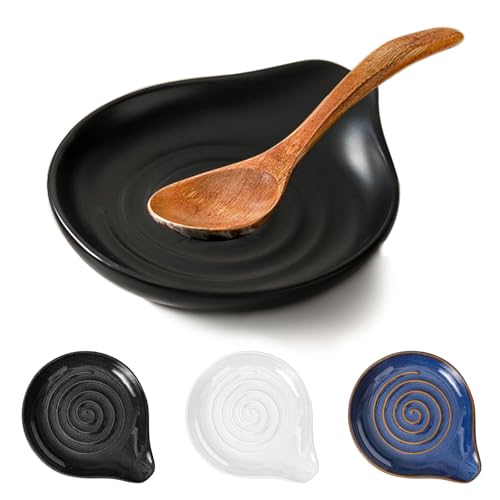 Spoon Rest,Ceramic Spoon Holder for Stove Top Large Spatula Rest Cooking Spoons Rest for Kitchen Utensils Heat-Resistant Rest Large (Black)