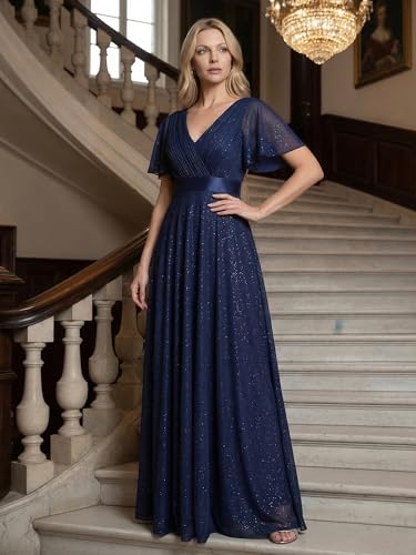 Image of Ever-Pretty Women's Summer Glitter Formal Dresses Evening Gown V Neck Short Sleeves Floor Length Mother of Bride Dress 50159