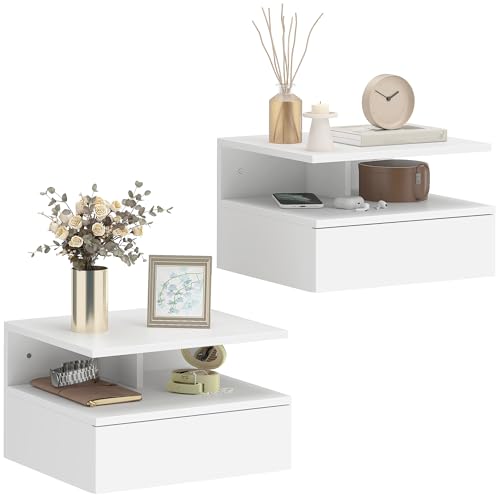HOMCOM Lot de 2 Tables de Chevet murales, Tables de Nuit suspendues avec tiroir Coulissant, Compartiment Ouvert, Plateau, Style Moderne, pour Chambre à Coucher, 35 x 32 x 22,5 cm, Blanc
