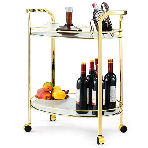 Tangkula Rolling Bar and Serving Cart, with 2 Tempered Glass Shelves and 4