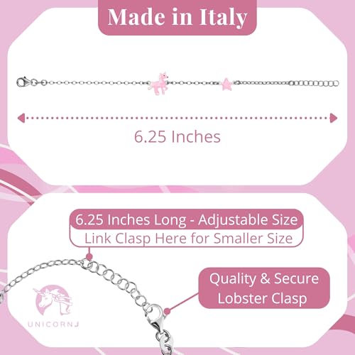 UNICORNJ Sterling Silver 925 Bracelet for Girls Trotting Unicorn and Star with Enamel 6.25"2