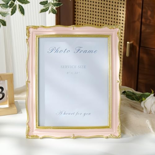 Pink 8x10 Picture Frame Vintage Frame, Ornate Pink and Gold Picture Frame with Glass Front Handcrafted Resin Frames, Antique Textured Design for Tabletop & Wall Display