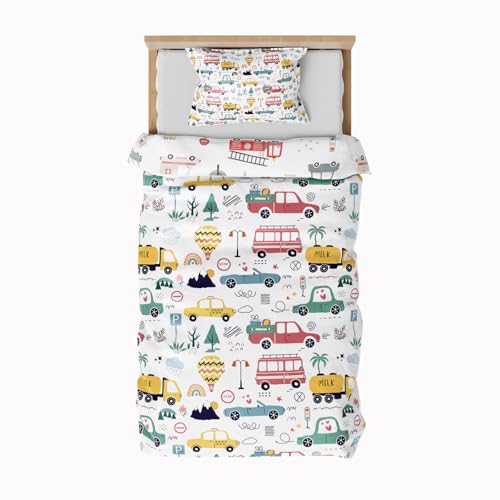 DJDEA Cot Bed Duvet Cover Set, Cartoon Vehicle Reversible Toddler Bedding Set...