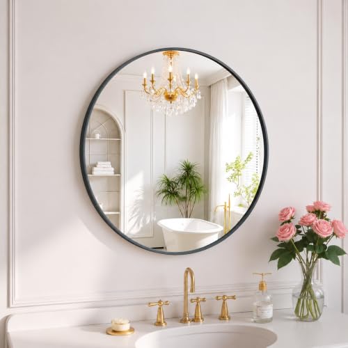 Image of Simple Deluxe 20 Inch Round Bathroom Mirror, Black Vanity Mirror with Metal Frame, Modern Circle for Bathroom, Entryway, Bedroom, Living Room, Wall Mounted Decorative Mirrors (Black)