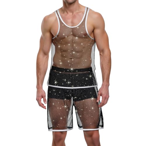 JINSHI Mens Sparkling Sheer Pajamas Set Sexy Mesh See Through Muscle Tank Tops Lounge Shorts Underwear Sleepwear Clubwear